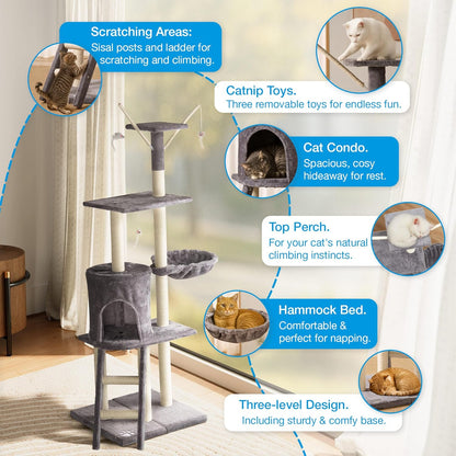 Cat Tree – 146Cm Play Cat Tower with Sisal Scratching Posts for Indoor Kittens, Multi Level House, Large Climbing Frame with House, Ladder and Hammock – Grey