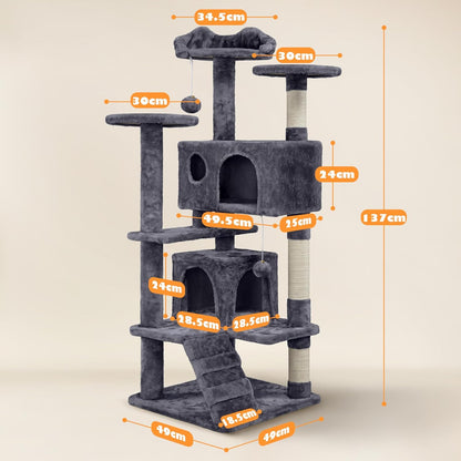 138.5Cm Cat Tree Tower Scratching Posts Multilevel Cat Climbing House with Condos & Ladder Pet Activity Centre for Indoor Kittens, Dark Grey