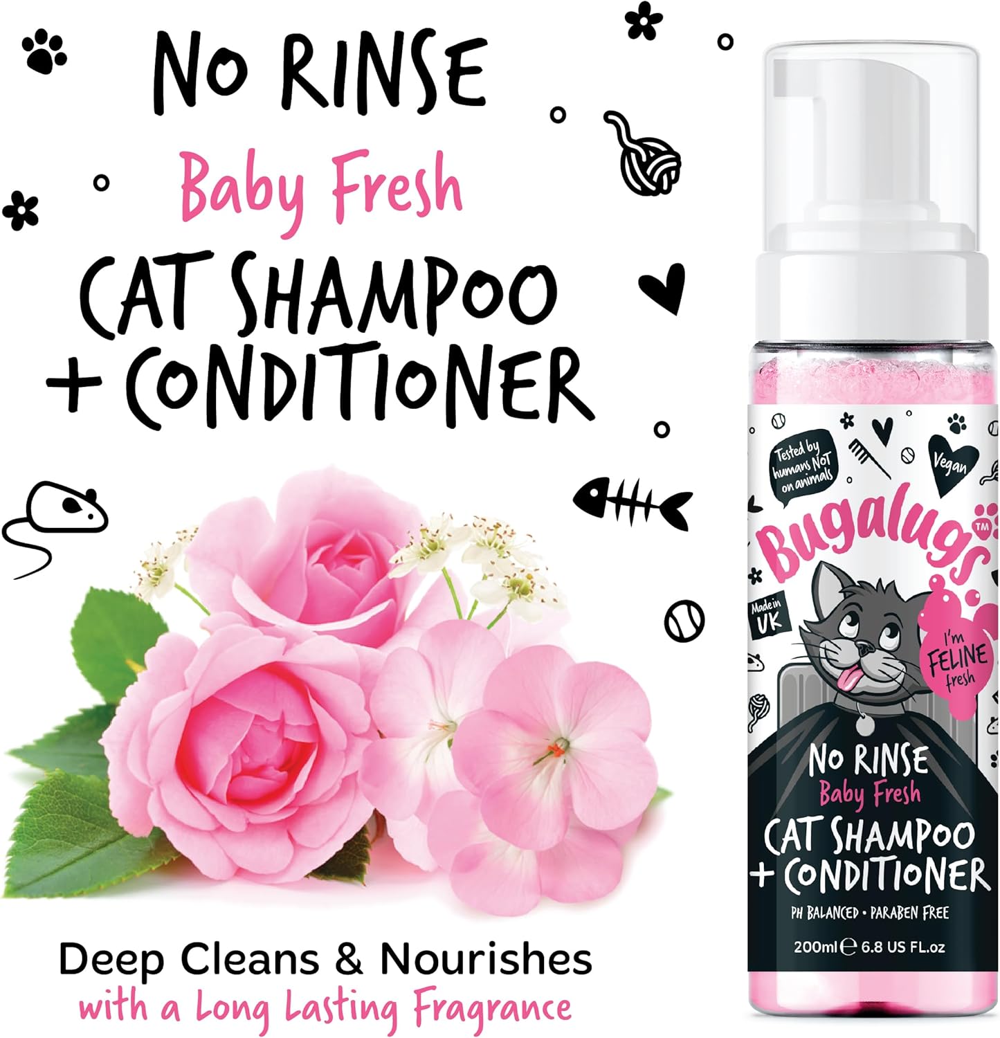 Bugalugs No Rinse Cat Shampoo & Conditioner with Baby Fresh Fragrance. Brush Through, for Cats and Kittens. Foam Action Grooming Dry Shampoo Kitten (200Ml No Rinse Shampoo)