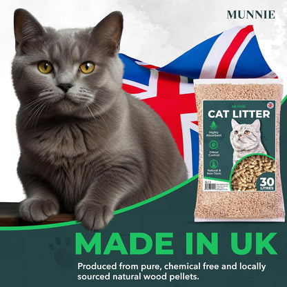 Munnie Cat Litter 30L – Biodegradable, Dust-Free, Unscented, Ultra-Absorbent Wood Pellets for Cats & Kittens, Natural Cat-Litter for Housetraining, Non-Clumping, Litter Granules, Pet-Safe