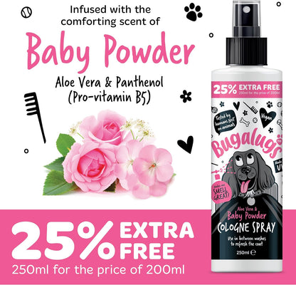 Bugalugs Dog Perfume Spray with Aloe Vera & Baby Powder Cologne Great Pet Odour Eliminator Deodorant Spray for Smelly Dogs Can Use as Dry Shampoo