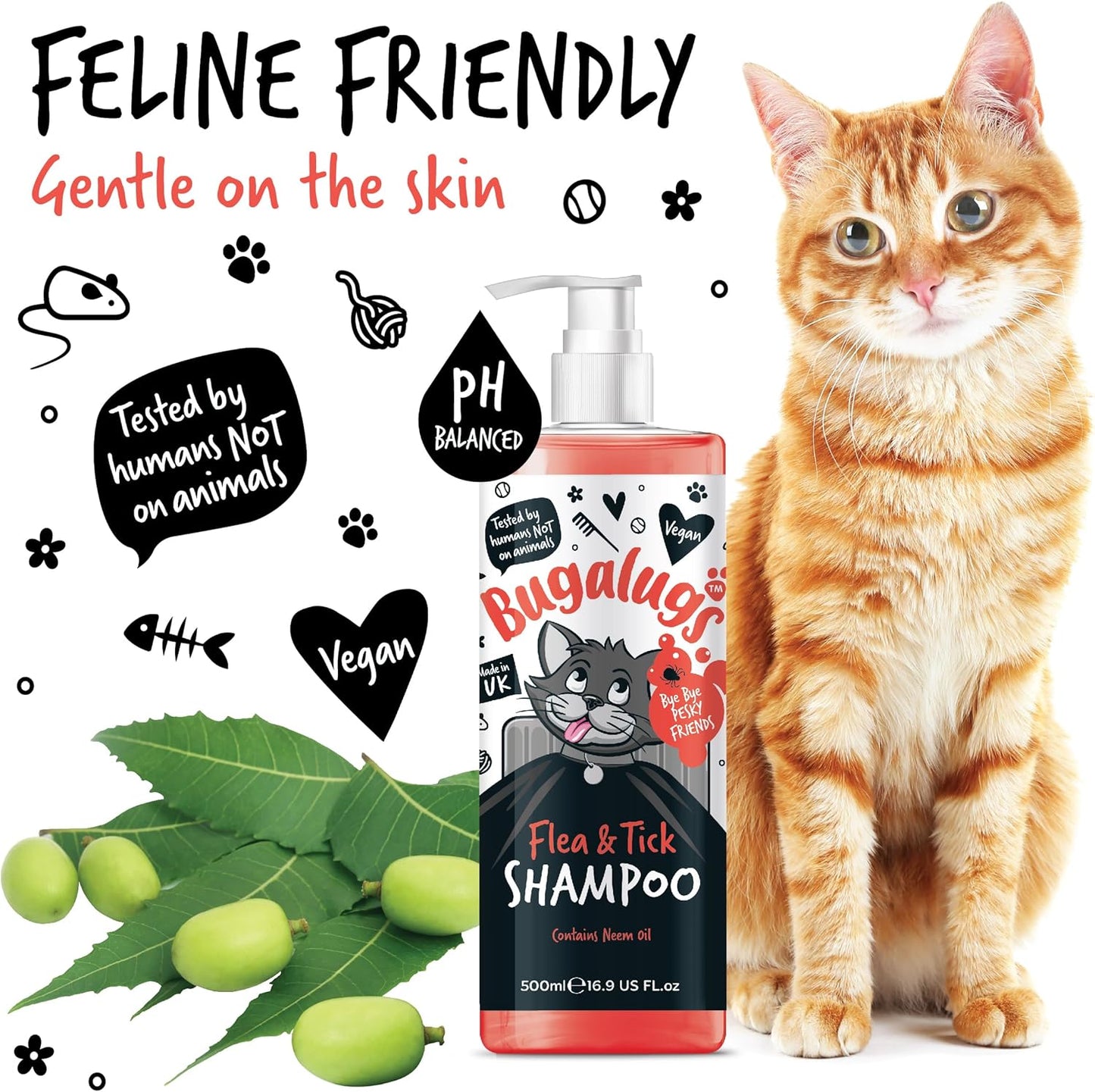 BUGALUGS Flea and Tick Cat Shampoo 500Ml, Deep Cleansing Shampoo for Cats for Fleas, Ticks & Mites Contains Neem Oil, PH Balanced Vegan, Pet Shampoo (500Ml Flea Shampoo)