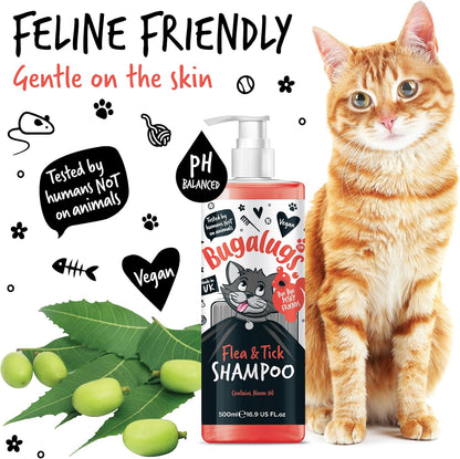 BUGALUGS Flea and Tick Cat Shampoo 500Ml, Deep Cleansing Shampoo for Cats for Fleas, Ticks & Mites Contains Neem Oil, PH Balanced Vegan, Pet Shampoo (500Ml Flea Shampoo)