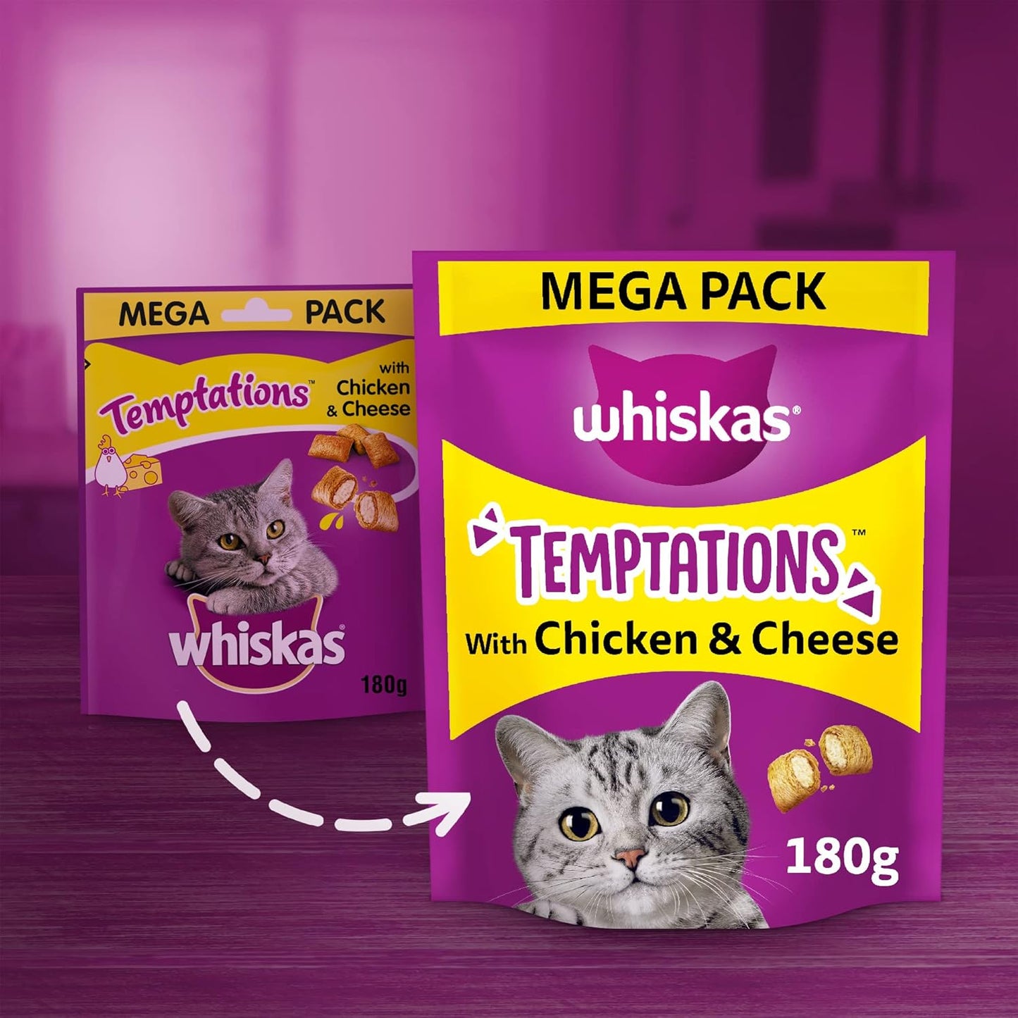 Whiskas Temptations - Tasty, Crunchy Treats for Adult Cats, Small Bite Size Snacks with a Delicious Chicken and Cheese Filling, 4 X 180 G Packets - Pack May Vary