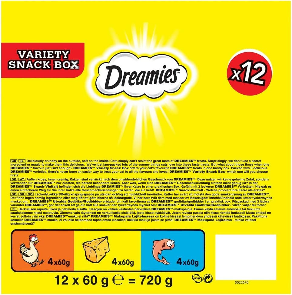 Dreamies Cat Treats - 12 X 60G - Multipack Biscuits - Variety Snack Box - 12 Pouches