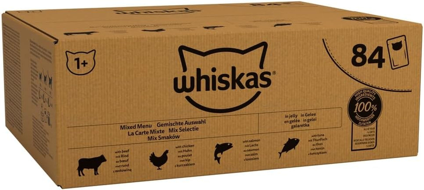 1 plus Whiskas Adult Mixed Selection in Jelly 84 Pouches, Adult Wet Cat Food, Megapack (84 X 85 G)
