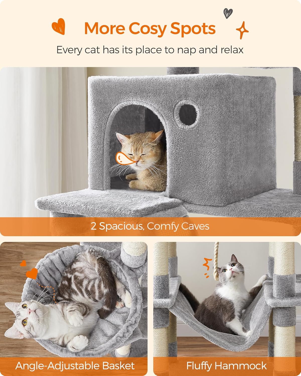 Cat Tree, 206 Cm Large Cat Tower Condo with 13 Scratching Posts, 1 Scratching Ramp, 2 Perches, 2 Caves, Basket, Hammock, Pompoms, Light Grey PCT190W01V1