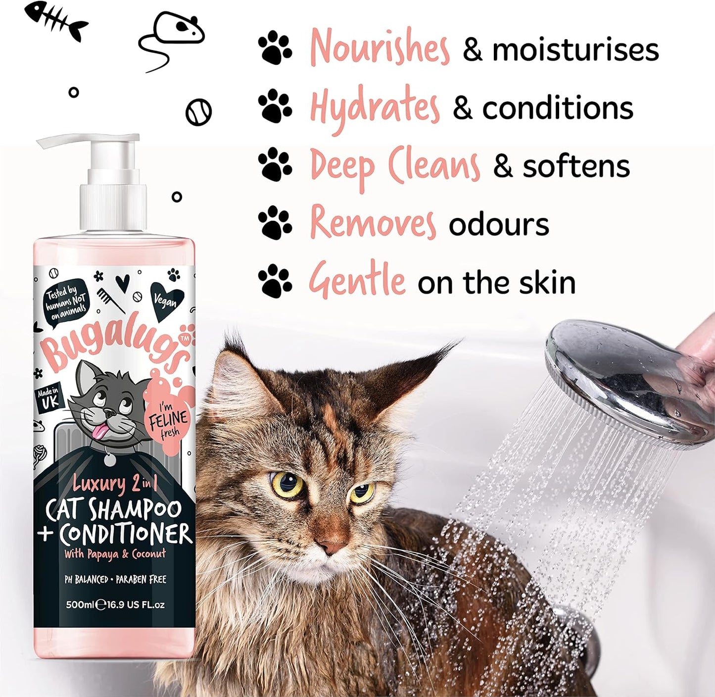 Bugalugs 2 in 1 Cat Shampoo & Conditioner. Cleansing, Nourishing and Conditioning for All Cat Hair. Papaya & Coconut Calming Scent. for All Cats and Kittens. Cat & Kitten Grooming (500Ml Shampoo)