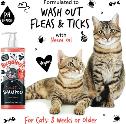 BUGALUGS Flea and Tick Cat Shampoo 500Ml, Deep Cleansing Shampoo for Cats for Fleas, Ticks & Mites Contains Neem Oil, PH Balanced Vegan, Pet Shampoo (500Ml Flea Shampoo)