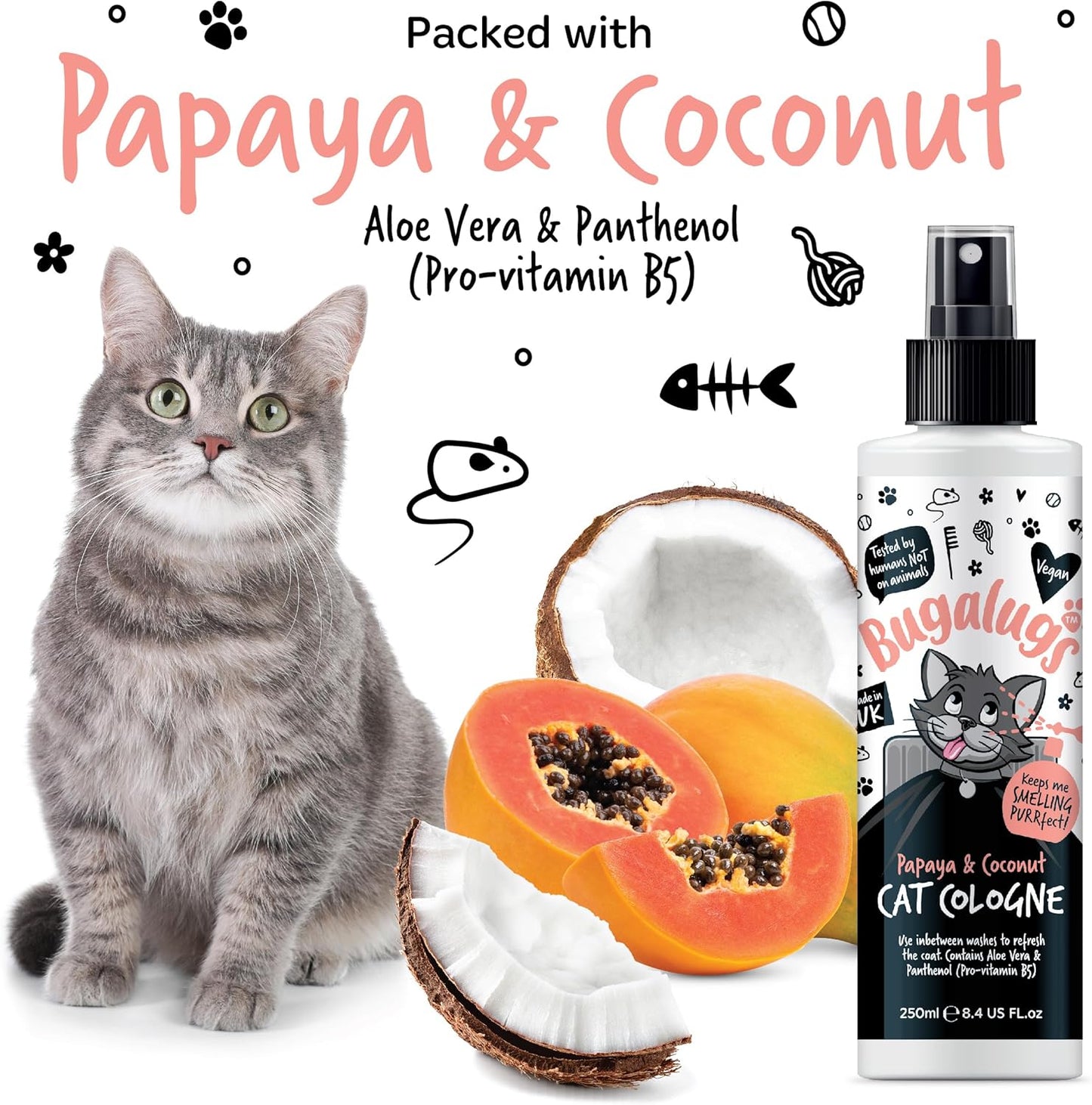 Bugalugs Cologne for Cats. Leave in Spray to Condition, Nourish and Hydrate Skin and Coat. Professional Cat Cleaning and Grooming Formula Use with Cat Shampoo (Cologne 250Ml)