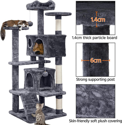138.5Cm Cat Tree Tower Scratching Posts Multilevel Cat Climbing House with Condos & Ladder Pet Activity Centre for Indoor Kittens, Dark Grey