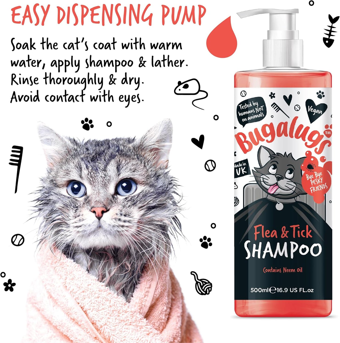 BUGALUGS Flea and Tick Cat Shampoo 500Ml, Deep Cleansing Shampoo for Cats for Fleas, Ticks & Mites Contains Neem Oil, PH Balanced Vegan, Pet Shampoo (500Ml Flea Shampoo)