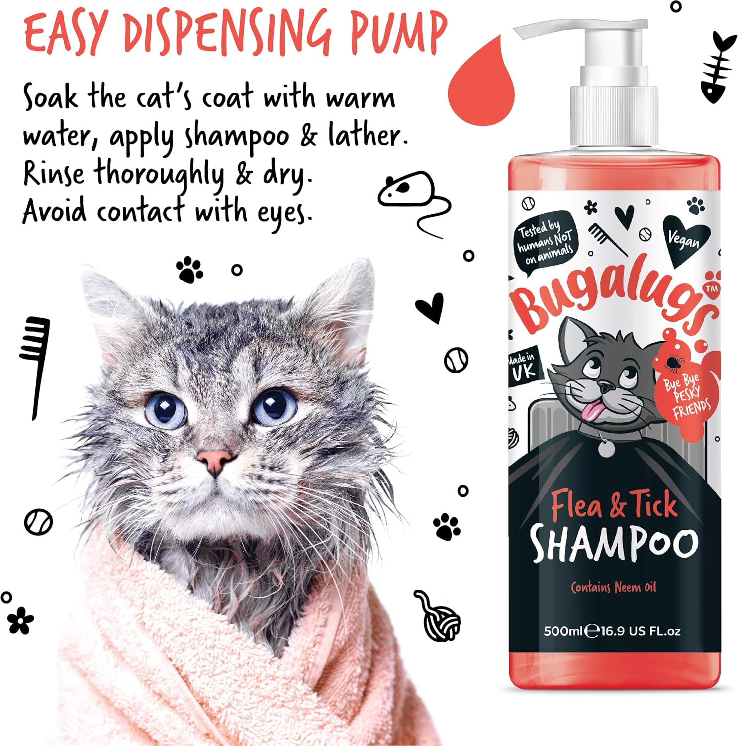 BUGALUGS Flea and Tick Cat Shampoo 500Ml, Deep Cleansing Shampoo for Cats for Fleas, Ticks & Mites Contains Neem Oil, PH Balanced Vegan, Pet Shampoo (500Ml Flea Shampoo)