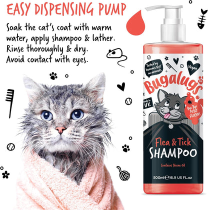 BUGALUGS Flea and Tick Cat Shampoo 500Ml, Deep Cleansing Shampoo for Cats for Fleas, Ticks & Mites Contains Neem Oil, PH Balanced Vegan, Pet Shampoo (500Ml Flea Shampoo)