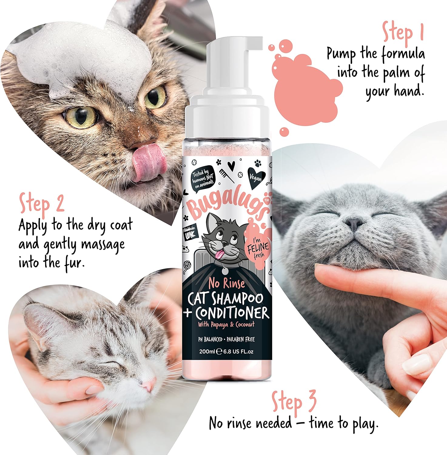 Bugalugs No Rinse Cat Shampoo & Conditioner with Papaya & Coconut. Brush Through, for Cats and Kittens. Foam Action Grooming Dry Shampoo Kitten (No Rinse Shampoo)