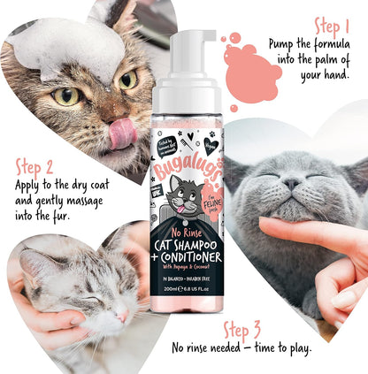 Bugalugs No Rinse Cat Shampoo & Conditioner with Papaya & Coconut. Brush Through, for Cats and Kittens. Foam Action Grooming Dry Shampoo Kitten (No Rinse Shampoo)