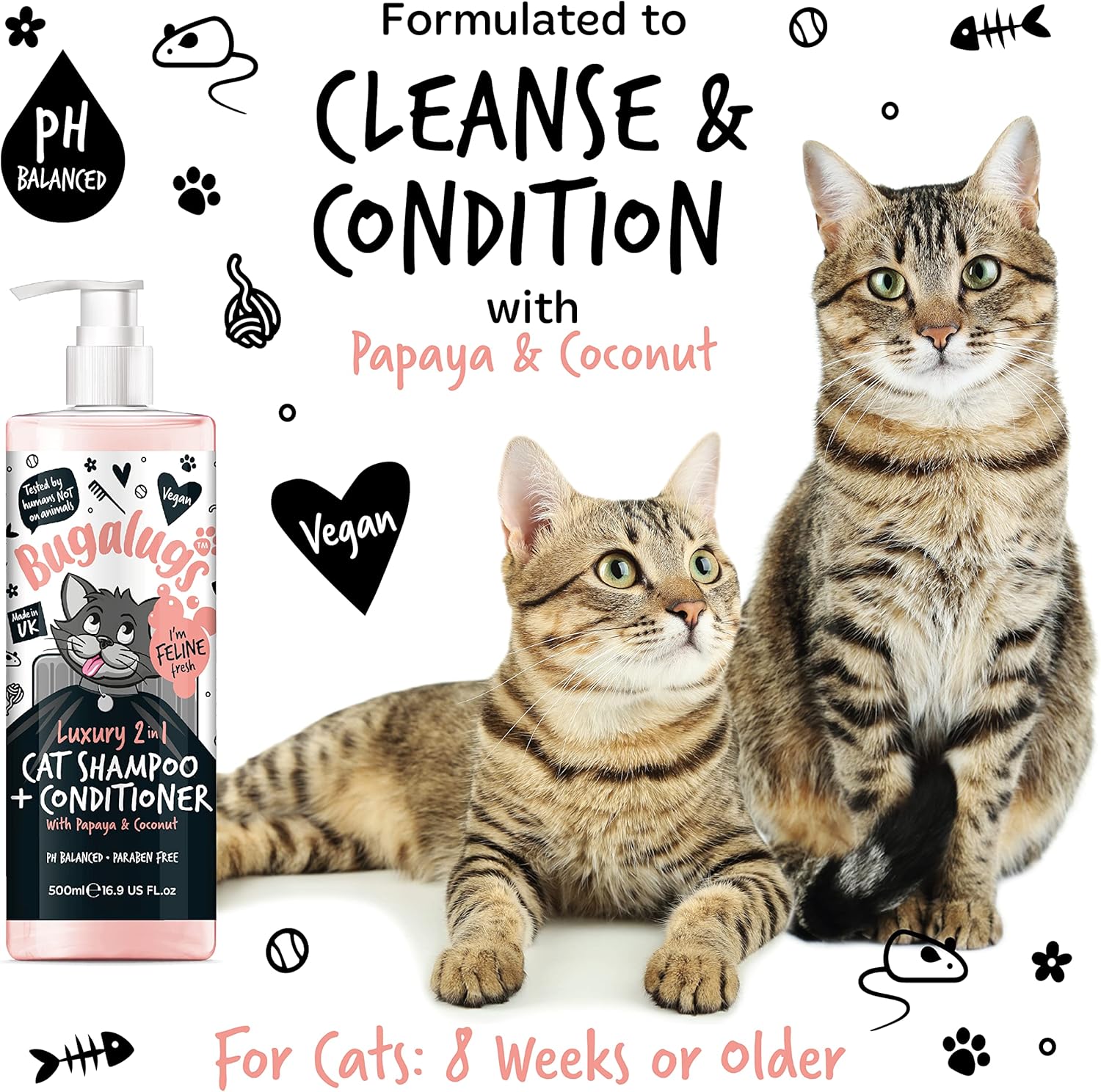 Bugalugs 2 in 1 Cat Shampoo & Conditioner. Cleansing, Nourishing and Conditioning for All Cat Hair. Papaya & Coconut Calming Scent. for All Cats and Kittens. Cat & Kitten Grooming (500Ml Shampoo)