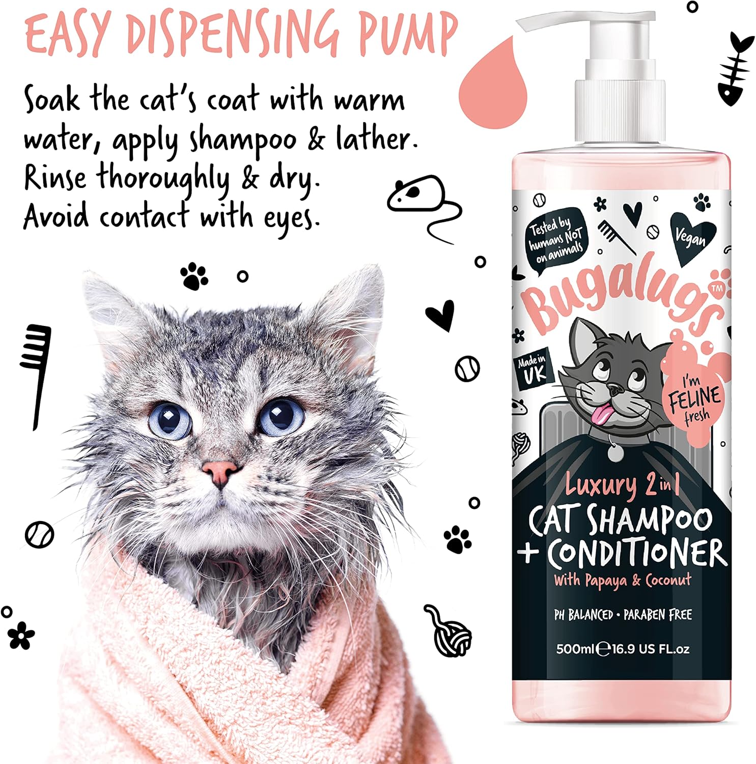 Bugalugs 2 in 1 Cat Shampoo & Conditioner. Cleansing, Nourishing and Conditioning for All Cat Hair. Papaya & Coconut Calming Scent. for All Cats and Kittens. Cat & Kitten Grooming (500Ml Shampoo)