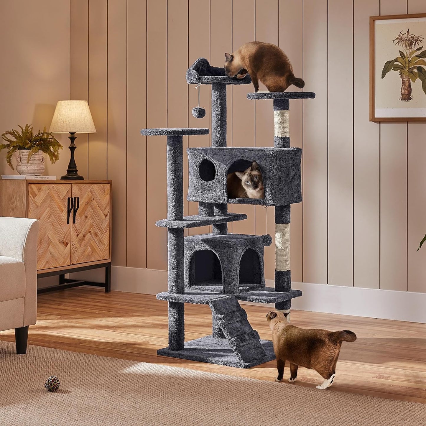 138.5Cm Cat Tree Tower Scratching Posts Multilevel Cat Climbing House with Condos & Ladder Pet Activity Centre for Indoor Kittens, Dark Grey
