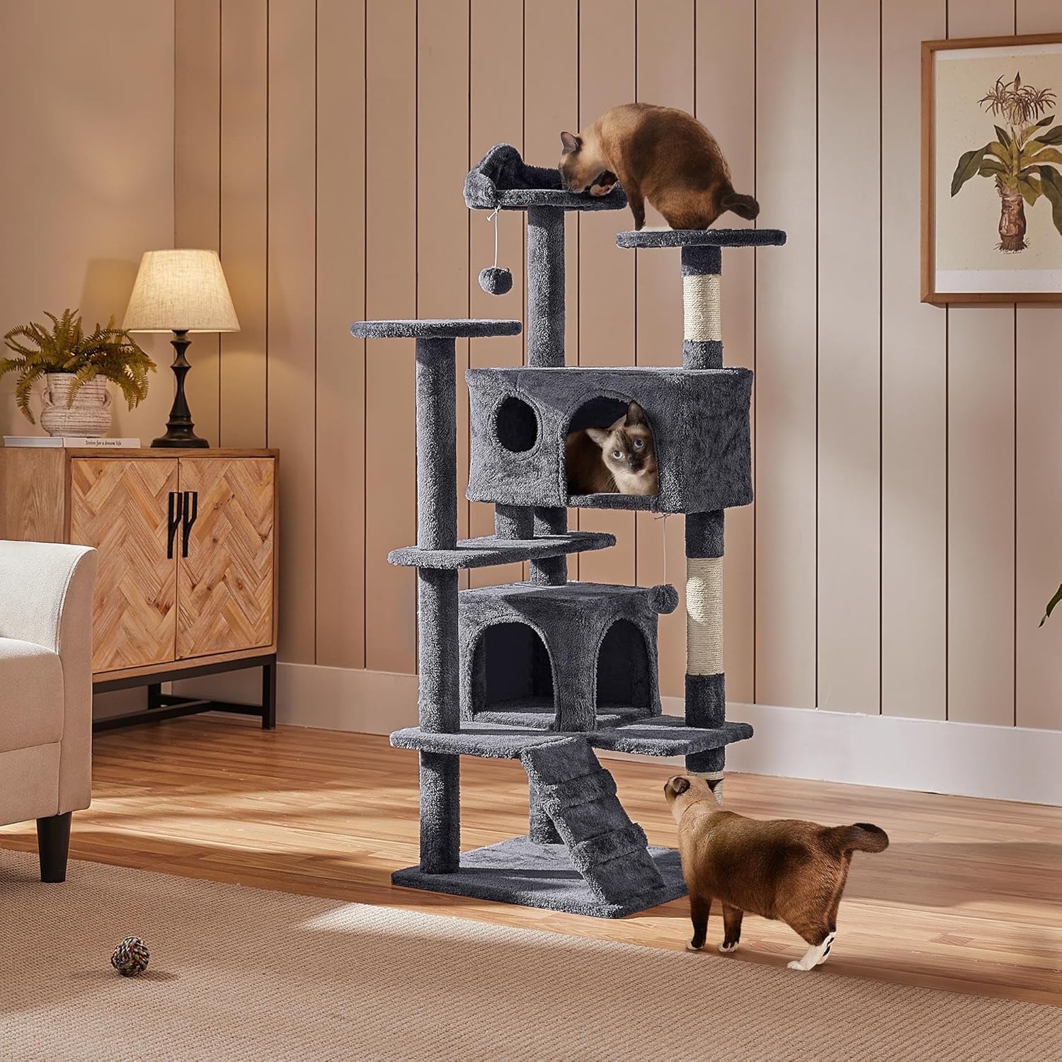 138.5Cm Cat Tree Tower Scratching Posts Multilevel Cat Climbing House with Condos & Ladder Pet Activity Centre for Indoor Kittens, Dark Grey