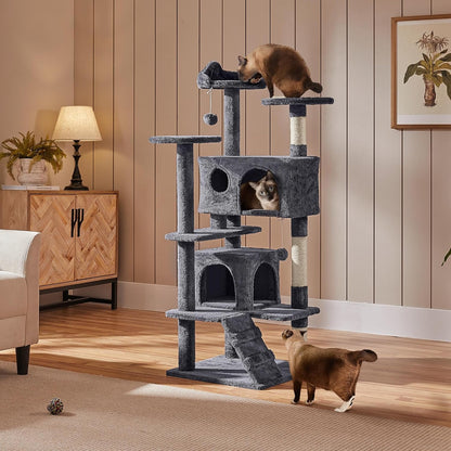 138.5Cm Cat Tree Tower Scratching Posts Multilevel Cat Climbing House with Condos & Ladder Pet Activity Centre for Indoor Kittens, Dark Grey