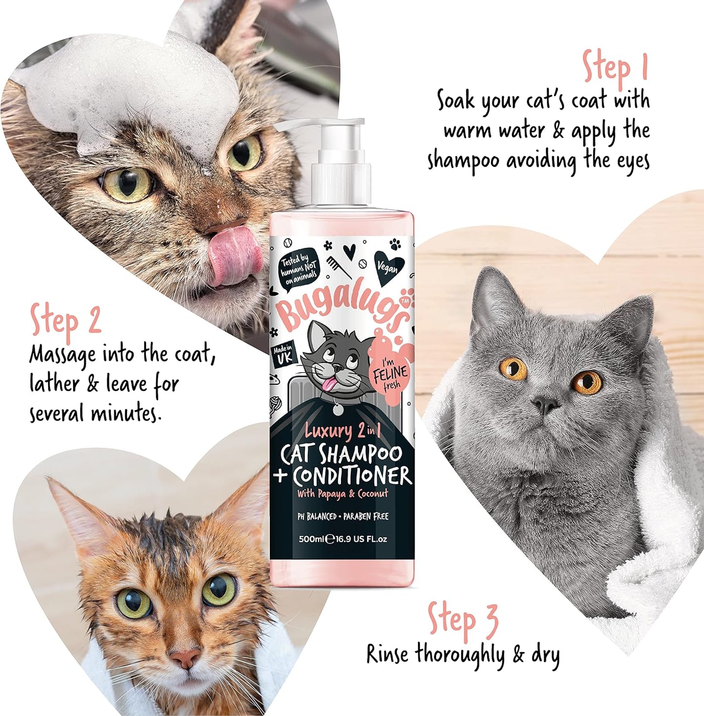 Bugalugs 2 in 1 Cat Shampoo & Conditioner. Cleansing, Nourishing and Conditioning for All Cat Hair. Papaya & Coconut Calming Scent. for All Cats and Kittens. Cat & Kitten Grooming (500Ml Shampoo)