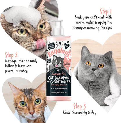 Bugalugs 2 in 1 Cat Shampoo & Conditioner. Cleansing, Nourishing and Conditioning for All Cat Hair. Papaya & Coconut Calming Scent. for All Cats and Kittens. Cat & Kitten Grooming (500Ml Shampoo)