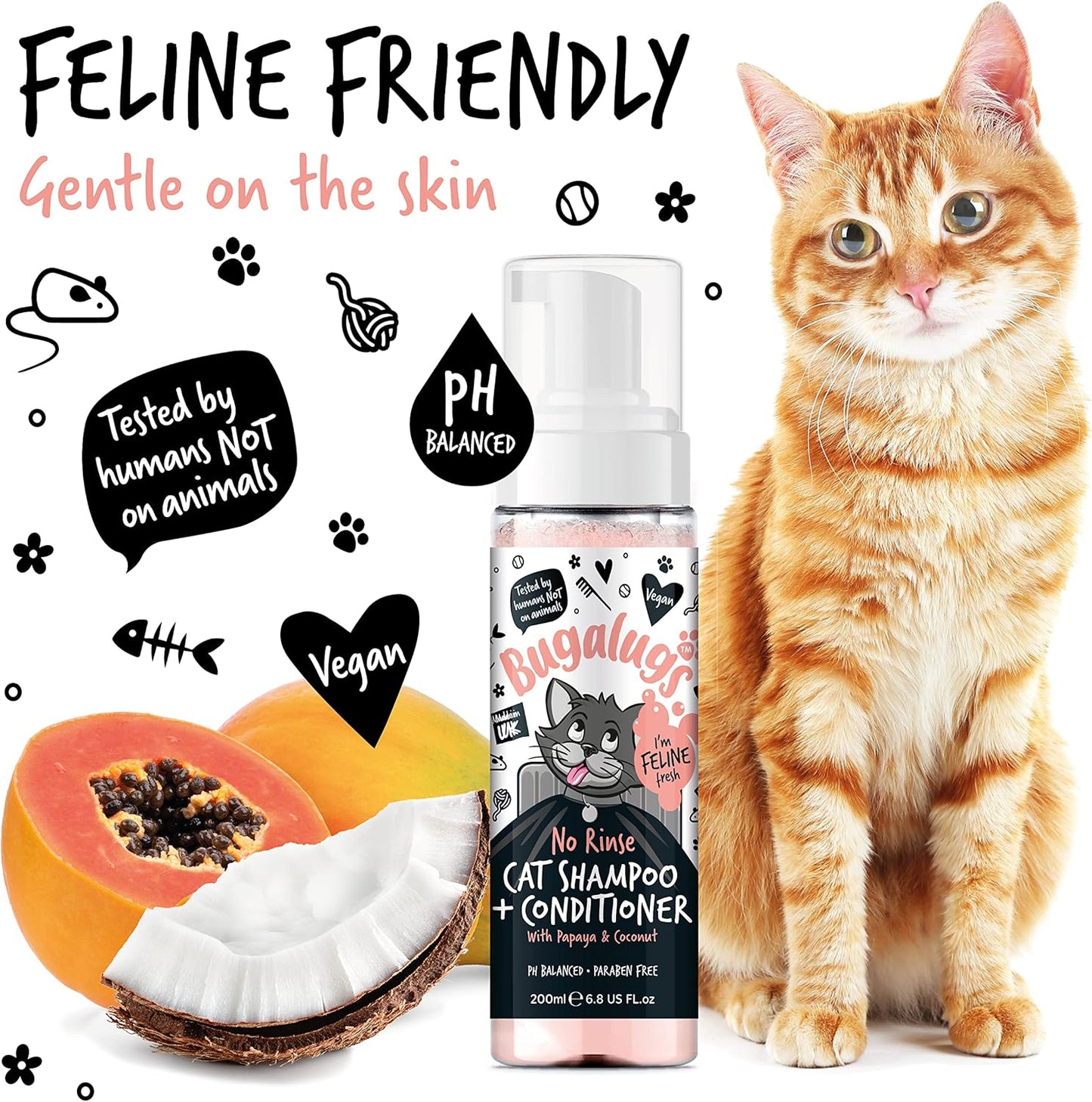 Bugalugs No Rinse Cat Shampoo & Conditioner with Papaya & Coconut. Brush Through, for Cats and Kittens. Foam Action Grooming Dry Shampoo Kitten (No Rinse Shampoo)