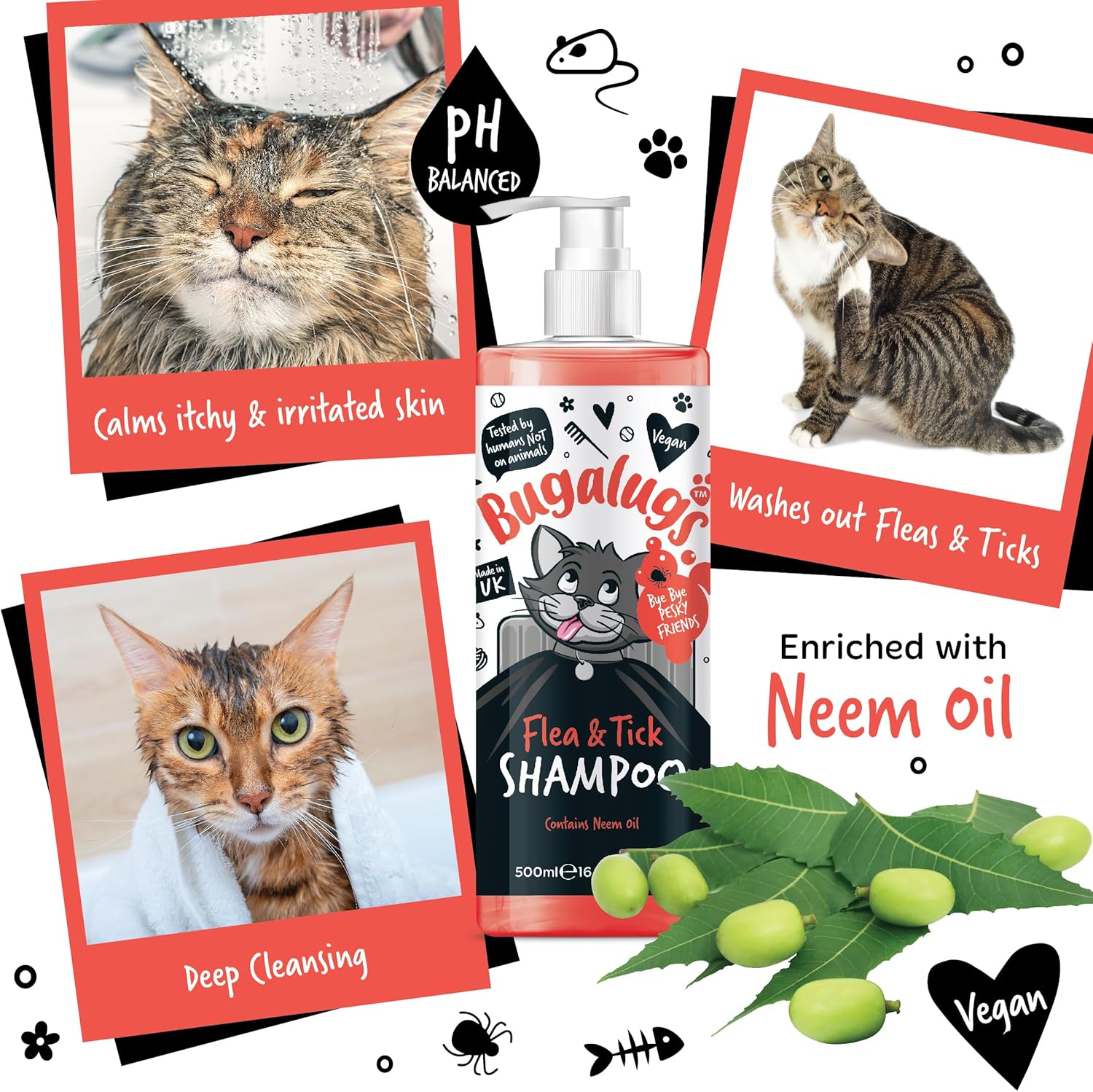 BUGALUGS Flea and Tick Cat Shampoo 500Ml, Deep Cleansing Shampoo for Cats for Fleas, Ticks & Mites Contains Neem Oil, PH Balanced Vegan, Pet Shampoo (500Ml Flea Shampoo)