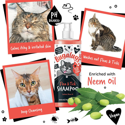 BUGALUGS Flea and Tick Cat Shampoo 500Ml, Deep Cleansing Shampoo for Cats for Fleas, Ticks & Mites Contains Neem Oil, PH Balanced Vegan, Pet Shampoo (500Ml Flea Shampoo)