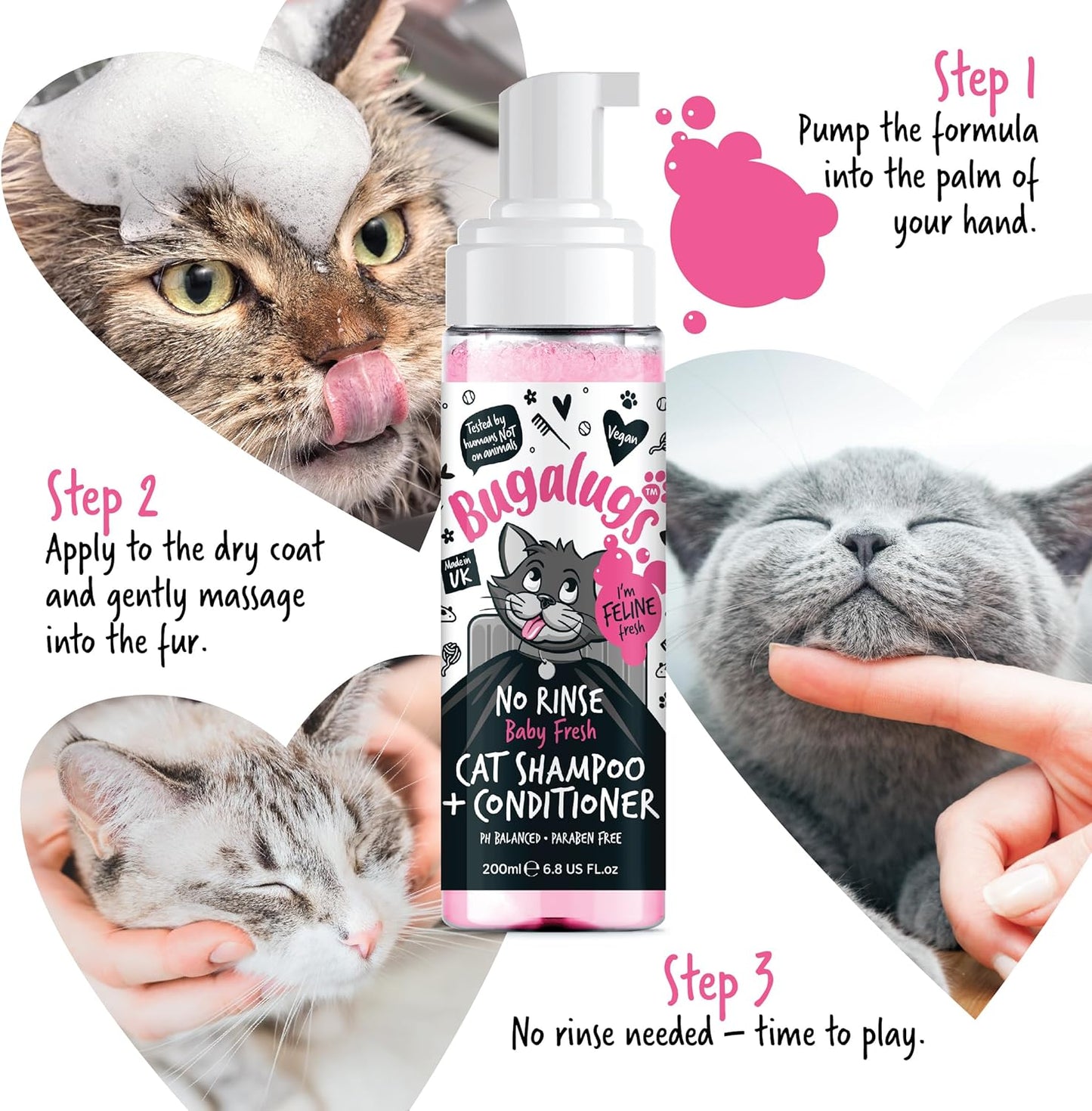 Bugalugs No Rinse Cat Shampoo & Conditioner with Baby Fresh Fragrance. Brush Through, for Cats and Kittens. Foam Action Grooming Dry Shampoo Kitten (200Ml No Rinse Shampoo)
