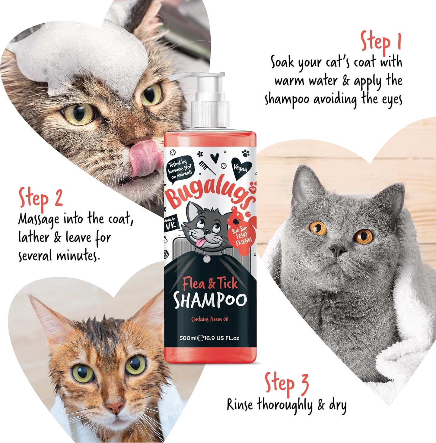 BUGALUGS Flea and Tick Cat Shampoo 500Ml, Deep Cleansing Shampoo for Cats for Fleas, Ticks & Mites Contains Neem Oil, PH Balanced Vegan, Pet Shampoo (500Ml Flea Shampoo)