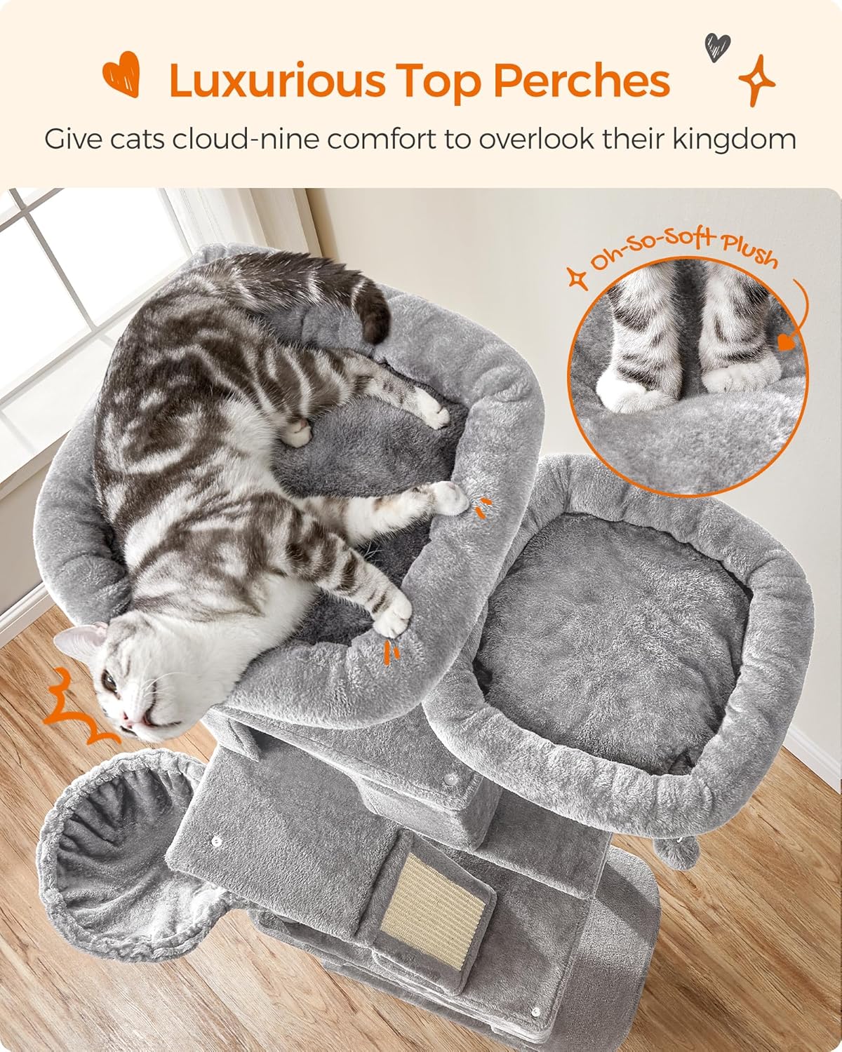 Cat Tree, 206 Cm Large Cat Tower Condo with 13 Scratching Posts, 1 Scratching Ramp, 2 Perches, 2 Caves, Basket, Hammock, Pompoms, Light Grey PCT190W01V1