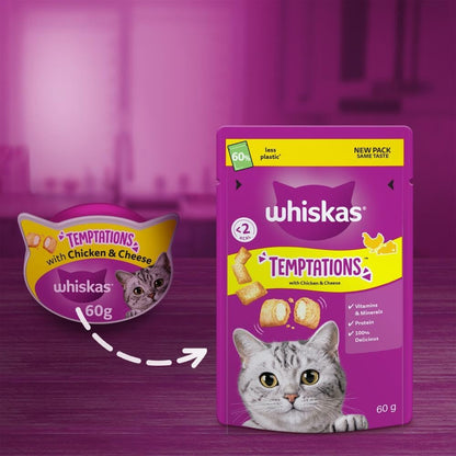 Whiskas Temptations Delicious Cat Treats with Chicken and Cheese 60 G (Pack of 6)