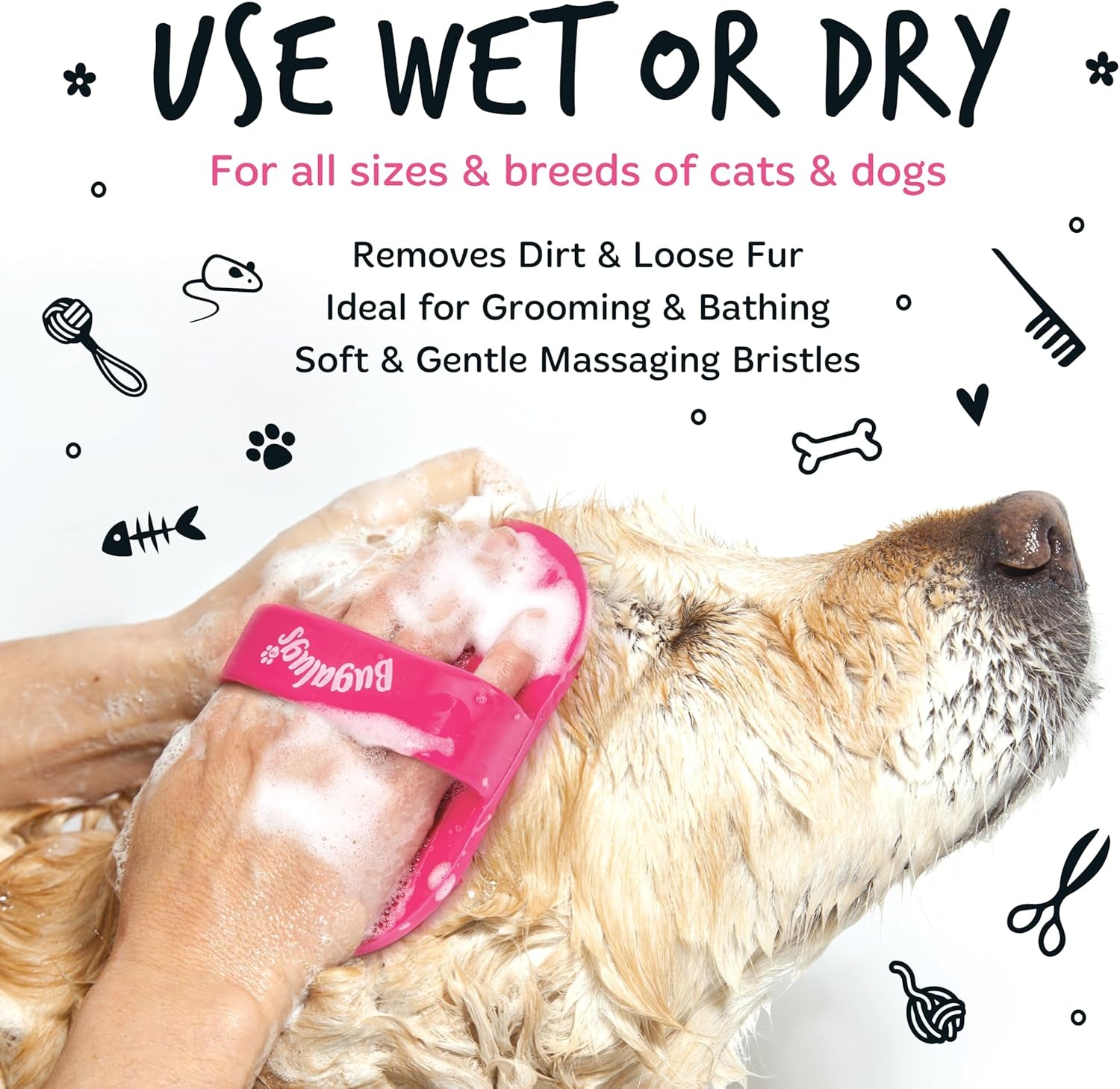 Bugalugs Dog Shampoo Bath Brush & Cat Brush 2 Pack, Use Wet or Dry as Dog Grooming Brush for Grooming & Bathing Use Alongside Our Dog No Rinse Shampoo for Smelly Dogs & Cats (Pink (2 Pack))