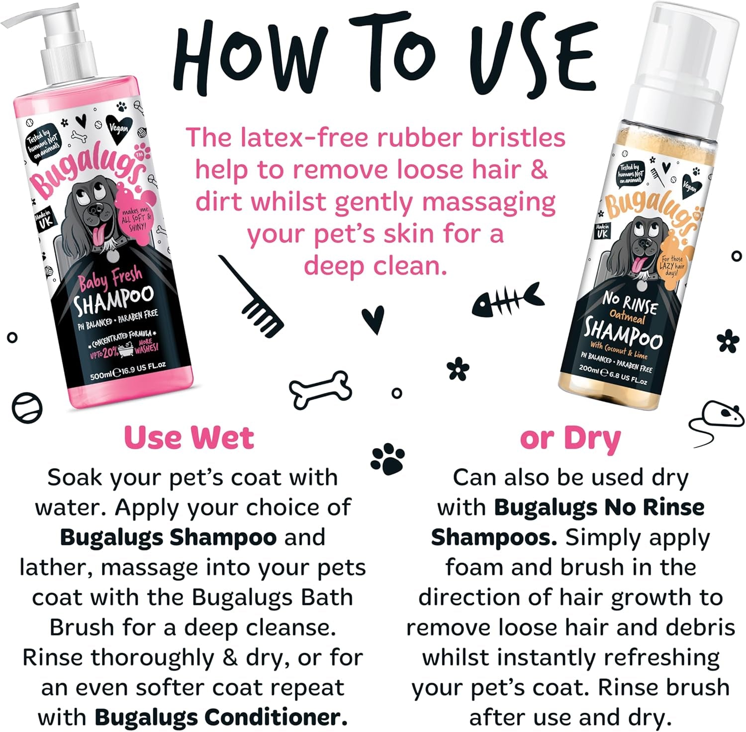 Bugalugs Dog Shampoo Bath Brush & Cat Brush 2 Pack, Use Wet or Dry as Dog Grooming Brush for Grooming & Bathing Use Alongside Our Dog No Rinse Shampoo for Smelly Dogs & Cats (Pink (2 Pack))