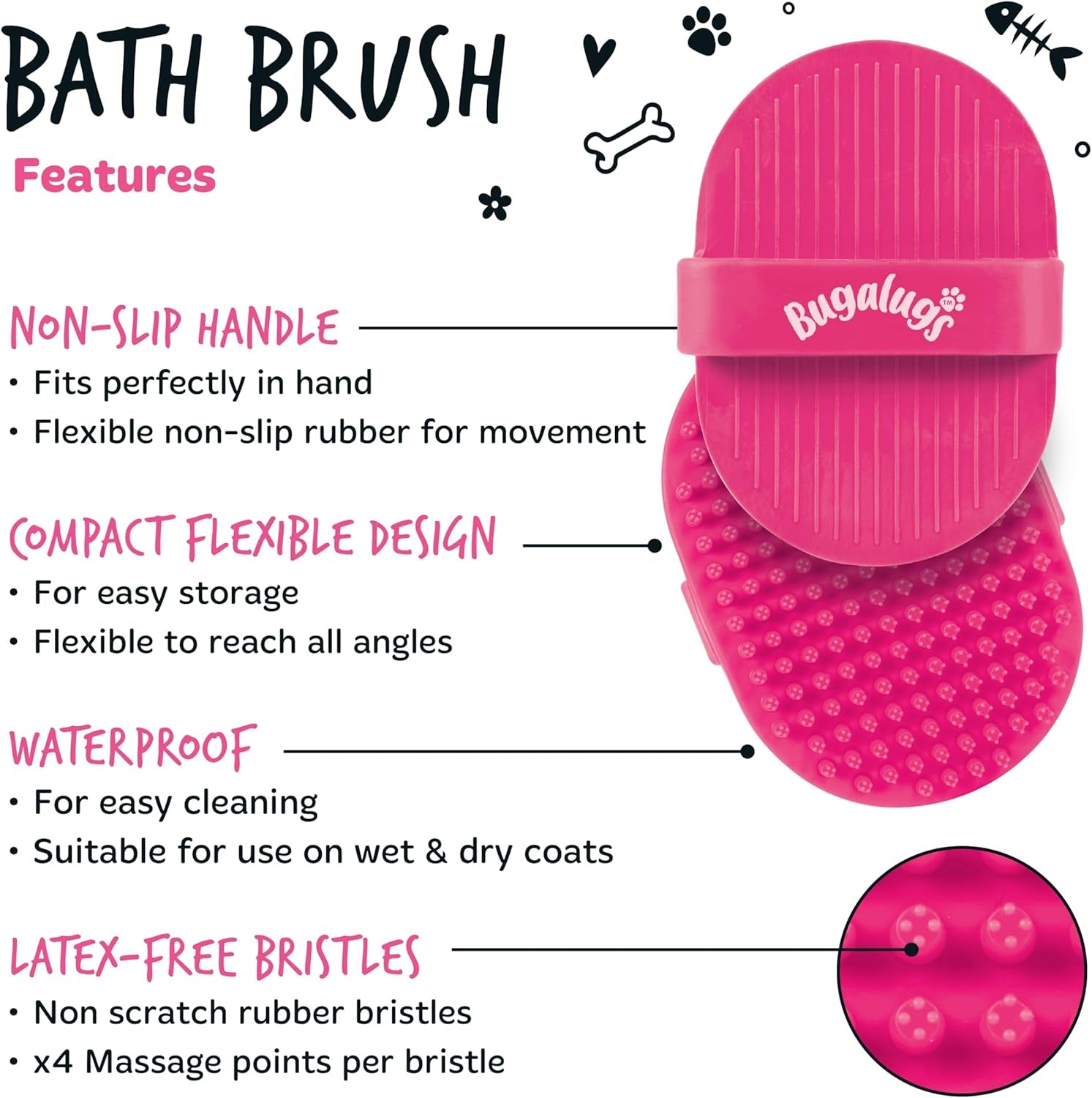 Bugalugs Dog Shampoo Bath Brush & Cat Brush 2 Pack, Use Wet or Dry as Dog Grooming Brush for Grooming & Bathing Use Alongside Our Dog No Rinse Shampoo for Smelly Dogs & Cats (Pink (2 Pack))
