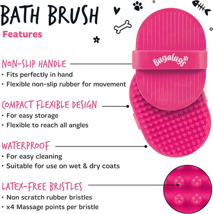 Bugalugs Dog Shampoo Bath Brush & Cat Brush 2 Pack, Use Wet or Dry as Dog Grooming Brush for Grooming & Bathing Use Alongside Our Dog No Rinse Shampoo for Smelly Dogs & Cats (Pink (2 Pack))