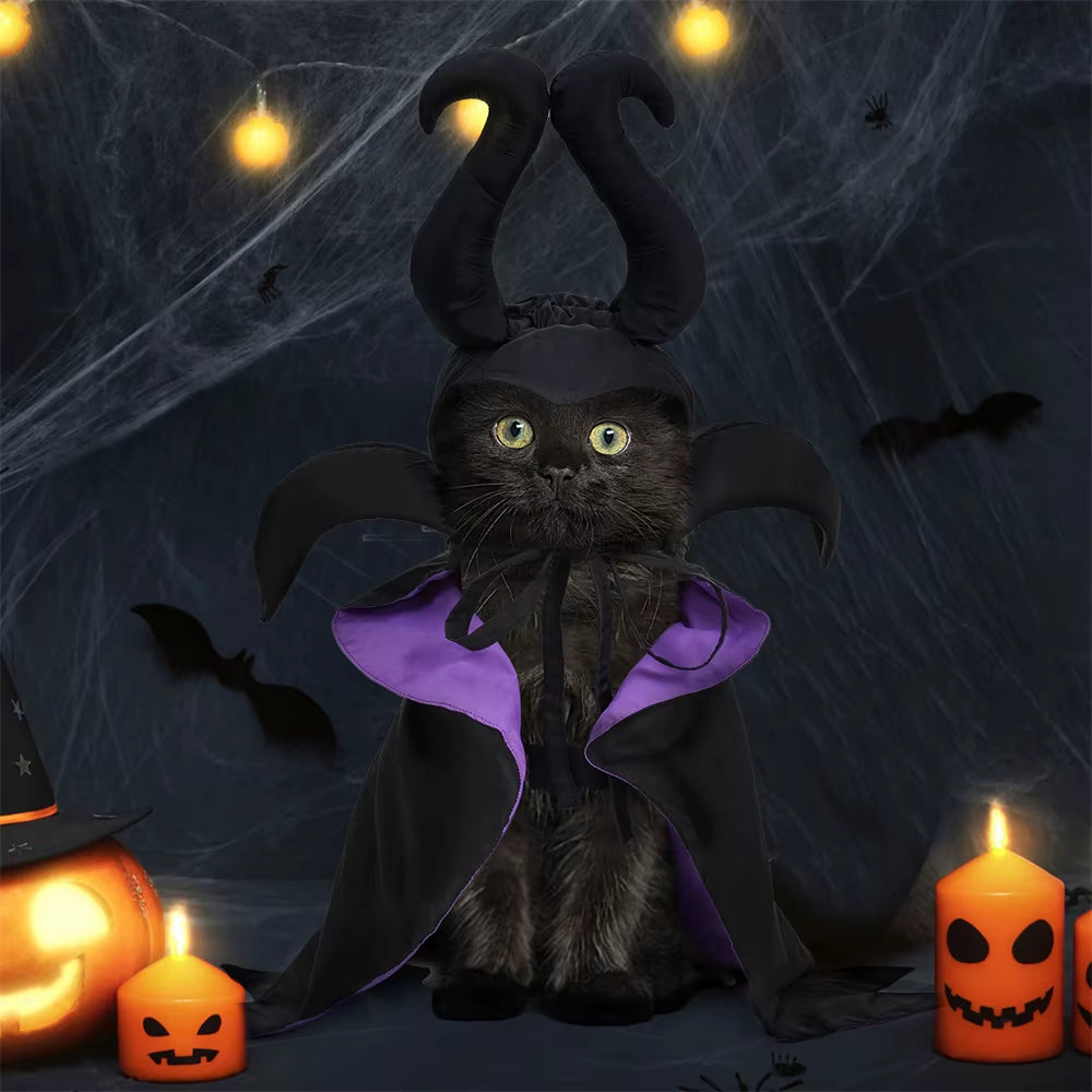 Halloween Dog Costume Black Purple Pet Maleficent Costume for Cats Dogs Adjustable Dog Dress up Cape with Hat Funny Party Outfit