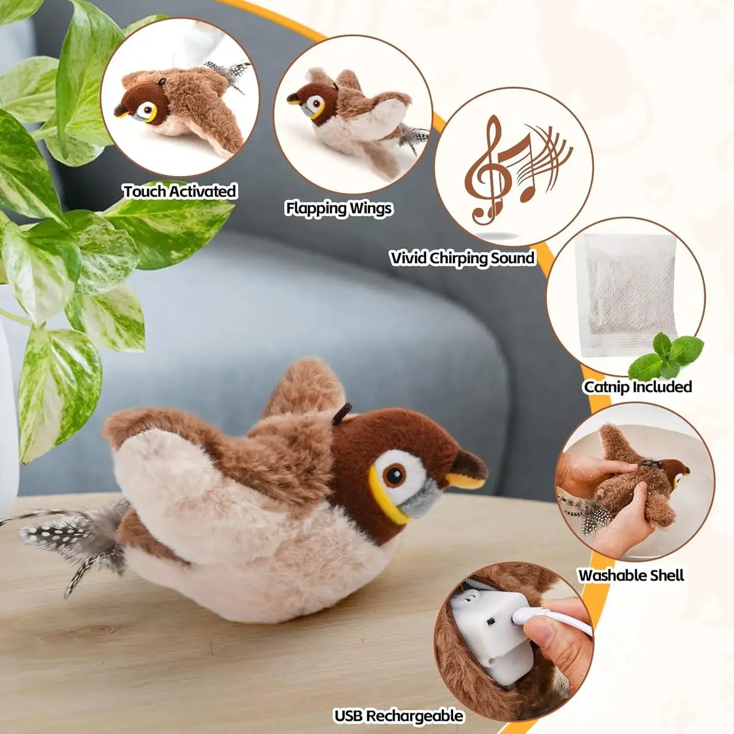 Interactive Cat Toys Rechargeable Flying Bird Cat Toy Chirping Flapping Bird(No Flying) Can Add Catnip Touch Activated Plush Toy