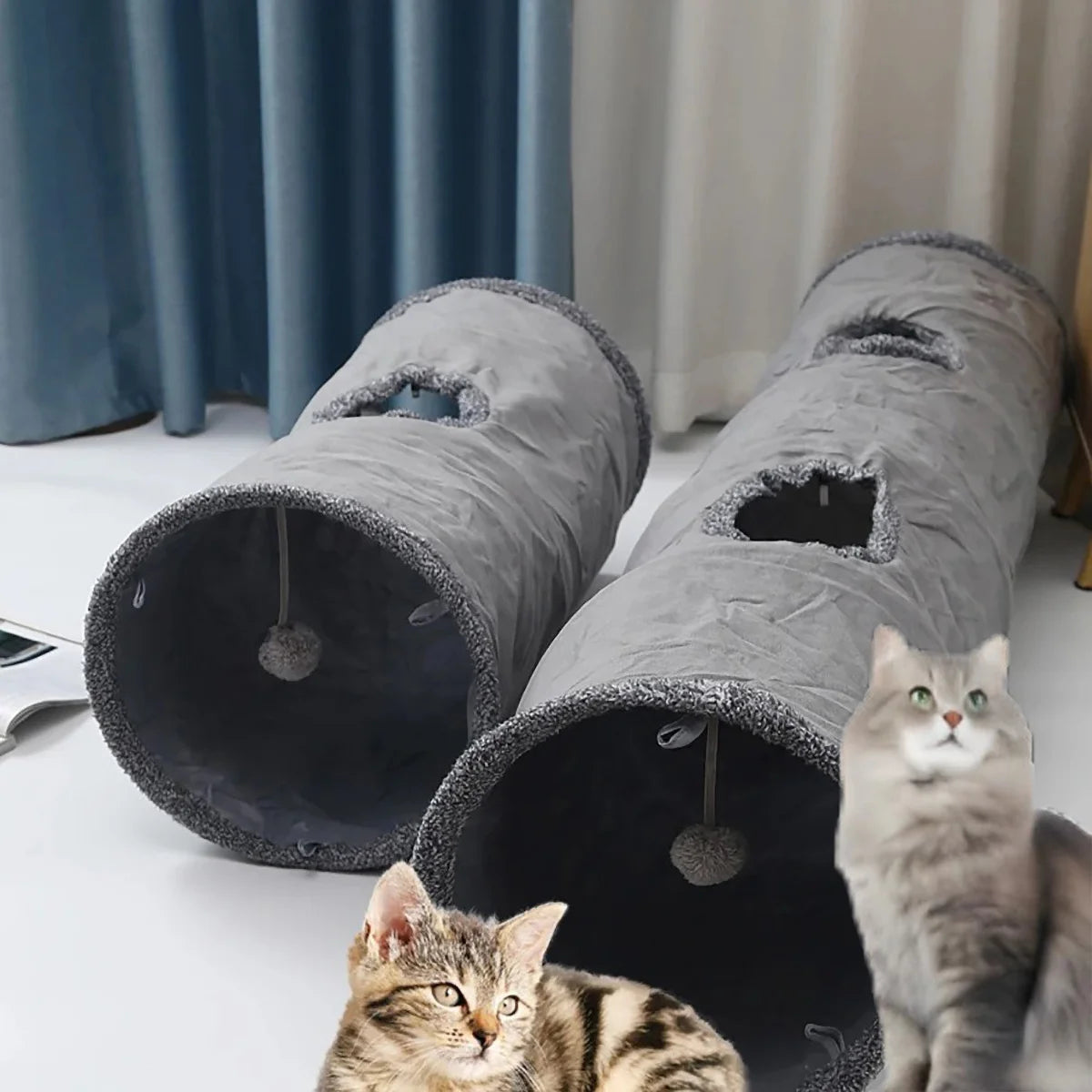 Suede Cat Tunnel for Play - Foldable, Lightweight, Rattling Cloth, Dirt-Resistant, 125/65Cm