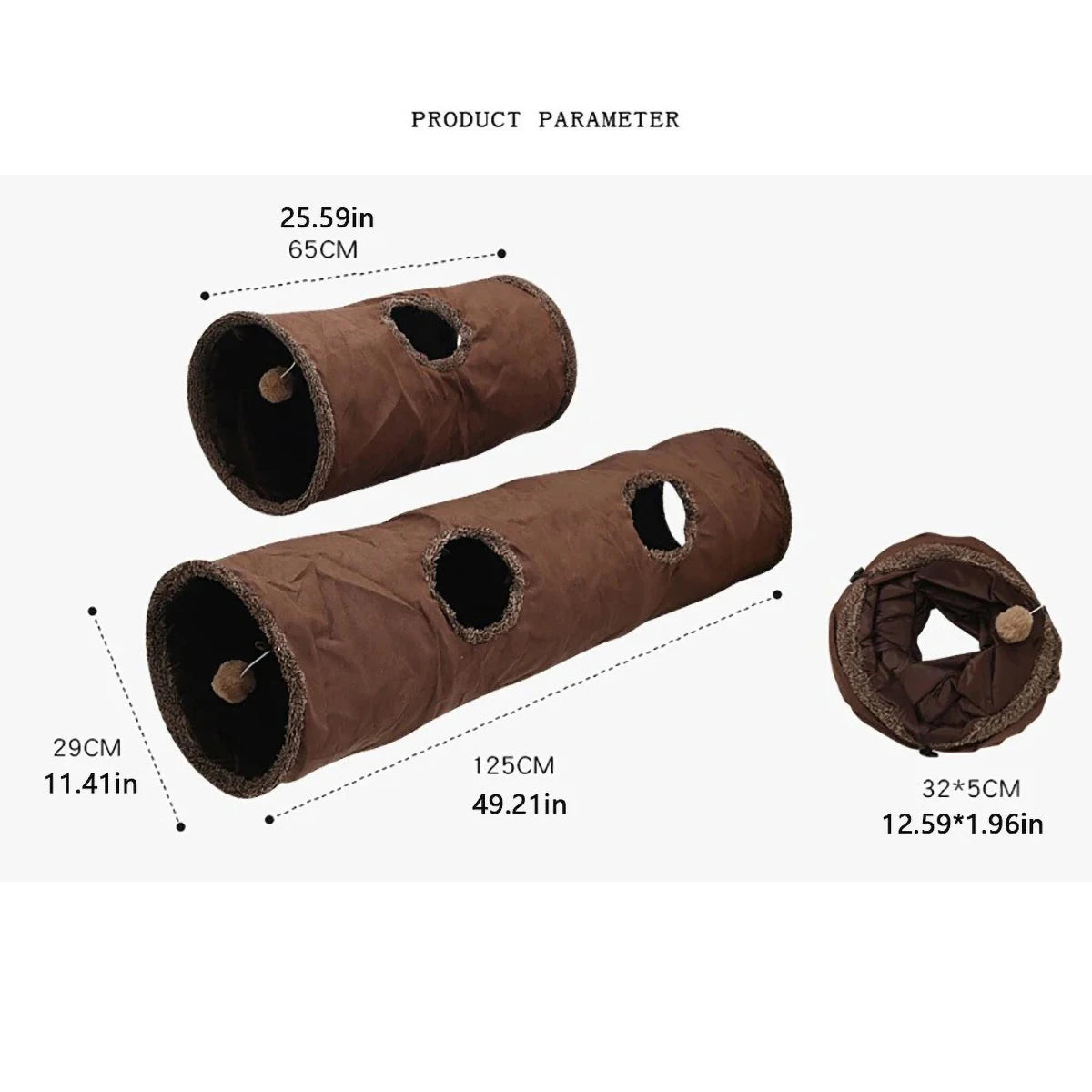 Suede Cat Tunnel for Play - Foldable, Lightweight, Rattling Cloth, Dirt-Resistant, 125/65Cm
