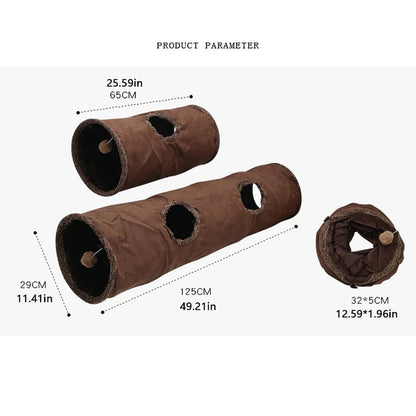 Suede Cat Tunnel for Play - Foldable, Lightweight, Rattling Cloth, Dirt-Resistant, 125/65Cm