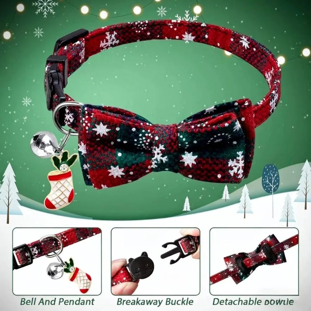 Christmas Pet Collar Cat and Puppy Bell Collar, Cotton Fabric Comfortable Breathable anti Suffocation Safe Buckle Cat Collar