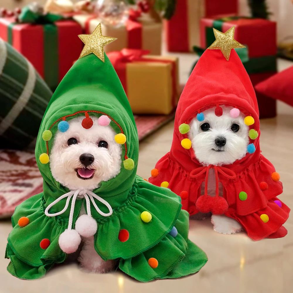 Christmas Tree Pet Transformation Costume Holiday Cape Outfit for Dogs & Cats Fall Winter Pet Cloak with Festive Accessories