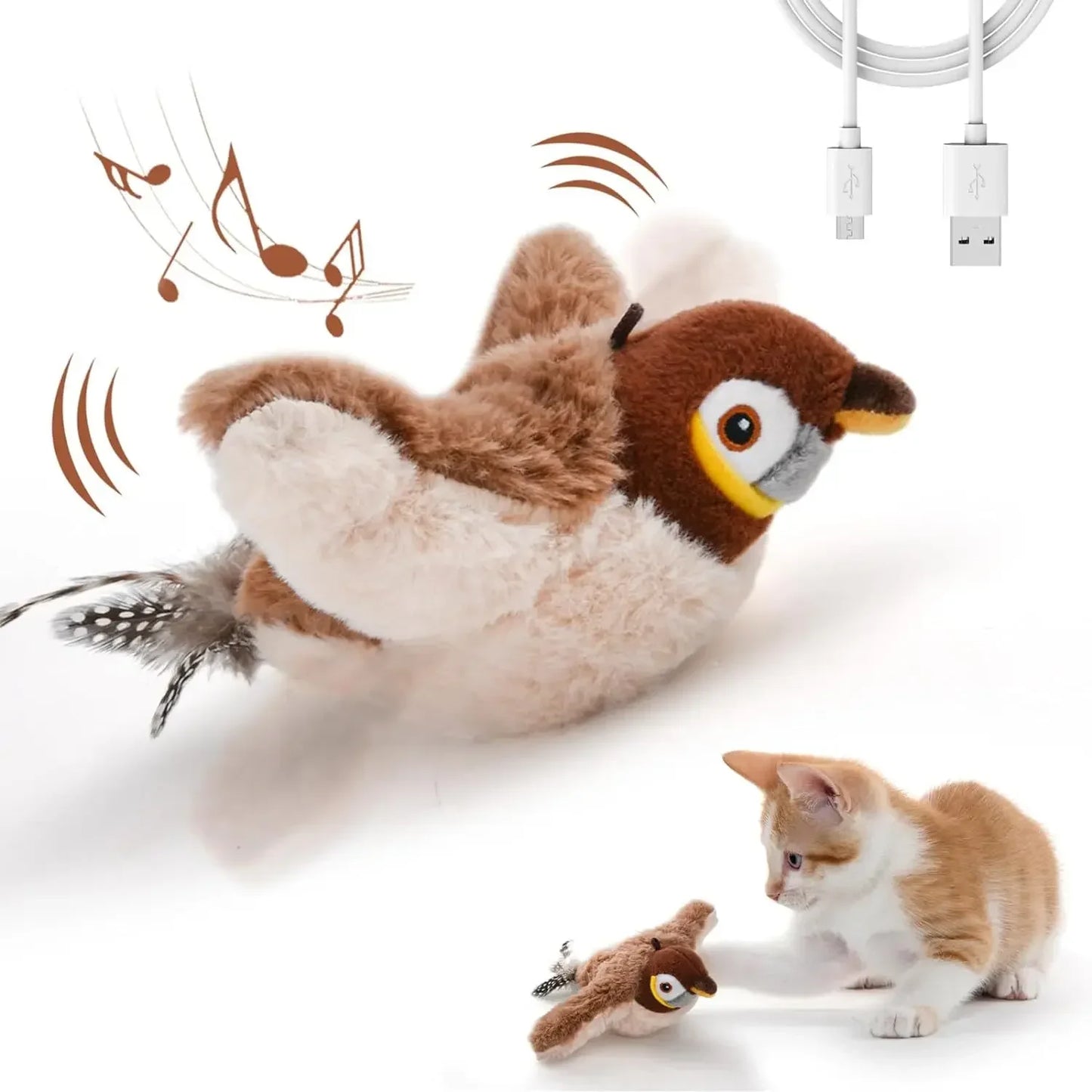 Interactive Cat Toys Rechargeable Flying Bird Cat Toy Chirping Flapping Bird(No Flying) Can Add Catnip Touch Activated Plush Toy