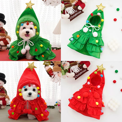 Christmas Tree Pet Transformation Costume Holiday Cape Outfit for Dogs & Cats Fall Winter Pet Cloak with Festive Accessories