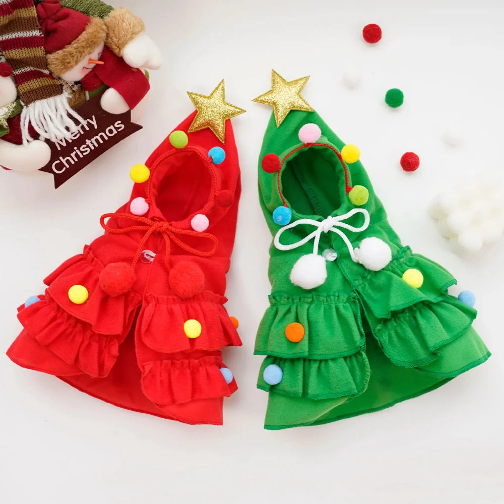 Christmas Tree Pet Transformation Costume Holiday Cape Outfit for Dogs & Cats Fall Winter Pet Cloak with Festive Accessories