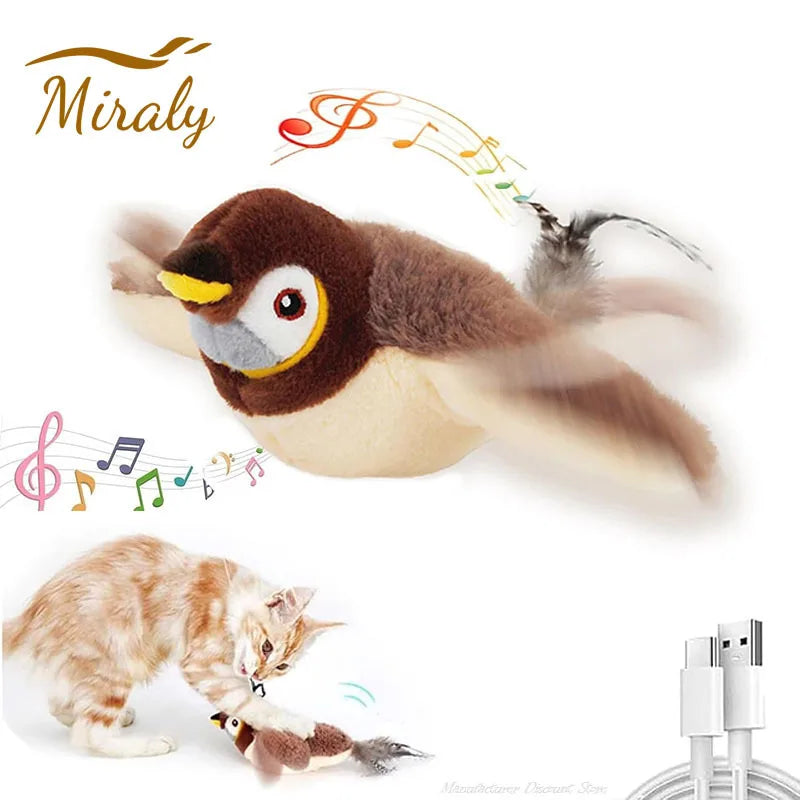 Interactive Cat Toys Rechargeable Flying Bird Cat Toy Chirping Flapping Bird(No Flying) Can Add Catnip Touch Activated Plush Toy