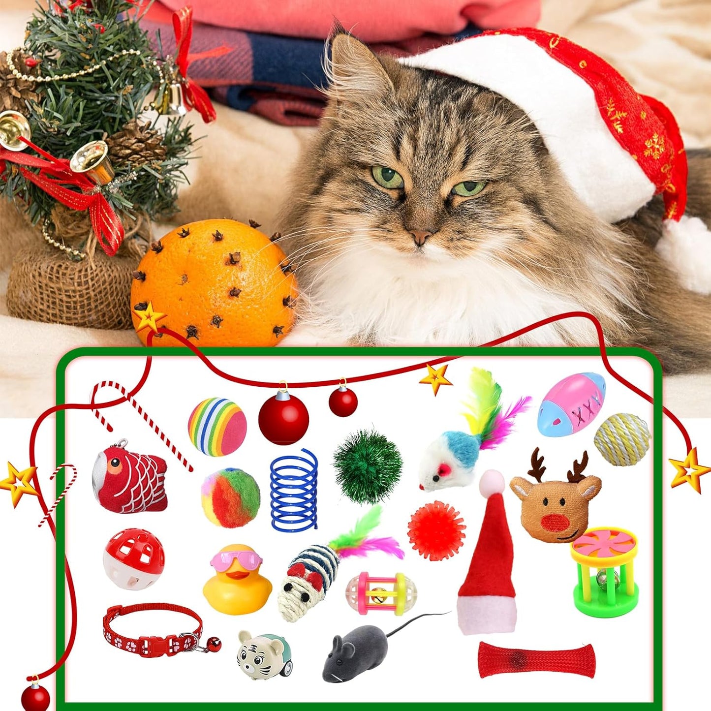Advent Calendar for Cats, Christmas Cat Toy Set 24 Pcs with Interactive Balls, Feather Wands, Springs for Indoor Cats Kittens